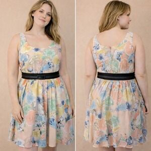 City Chic Floral Print Belted Fit Flare Dress Pastel Multi Color